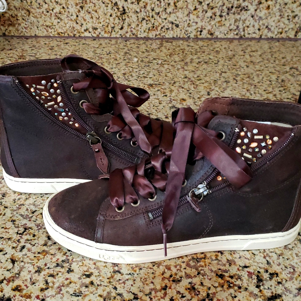 Ugg Blaney crystal high top leather sneakers/booties brown size 6